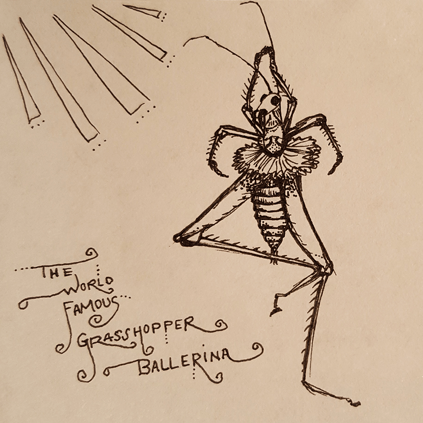 The World Famous Grasshopper Ballerina, pen and ink